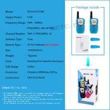 Load image into Gallery viewer, RETEVIS RT388 Walkie Talkie Kids Walkie-talkies 2 pcs Mini Two-Way Radio Station PMR Children Gift/Family Use/Camping 100-800M