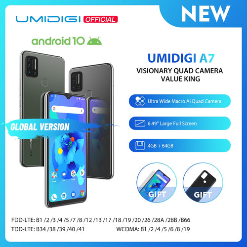UMIDIGI-A7 Smartphone, 4GB RAM 64GB ROM, Processeur Octa-Core, 6,49'' Grand Plein-écran, Android 10 OS, Quad Caméra,Version Globale