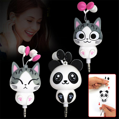 3.5mm filaire rétractable dans l'oreille casque dessin animé chat/Panda écouteur Clip casque sport écouteur pour Xiaomi Huawei iphone
