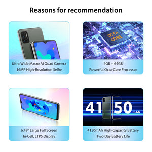 UMIDIGI-A7 Smartphone, 4GB RAM 64GB ROM, Processeur Octa-Core, 6,49'' Grand Plein-écran, Android 10 OS, Quad Caméra,Version Globale