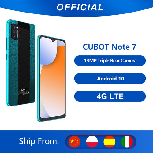 Cubot Note 7 Smartphone Triple Camera13MP 4G LTE 5.5 pouces écran 3100mAh Android 10 double carte SIM téléphone portable visage déverrouillage 2GB+16GB