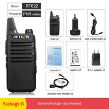 Load image into Gallery viewer, Retevis RT622 RT22 Mini Walkie Talkie 2pcs PMR Radio PMR446 FRS UHF Two-way Radio Portable VOX USB Charging Handheld Transceiver
