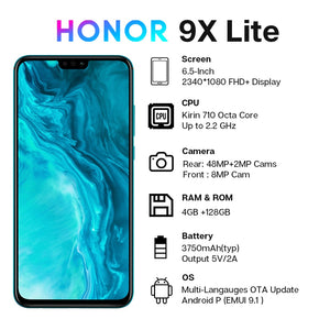 In Stock Global Version Moblie Phone Honor 9X Lite  4G 128G 48MP Camera Kirin 710 6.5''  Android P GPU Turbo 3.0 NFC